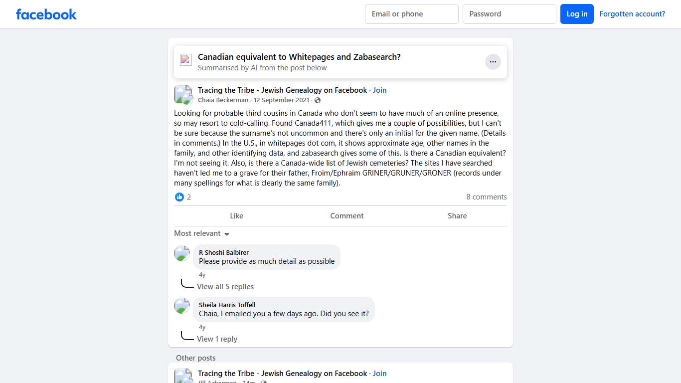 Tracing the Tribe - Jewish Genealogy on Facebook | Looking for probable third cousins in Canada who don't seem to have much of an online presence, so may resort to cold-calling | Facebook
