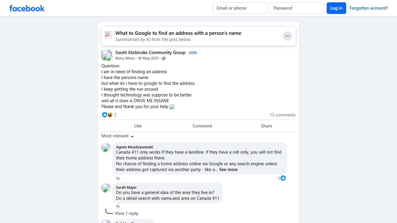South Etobicoke Community Group | Question: | Facebook